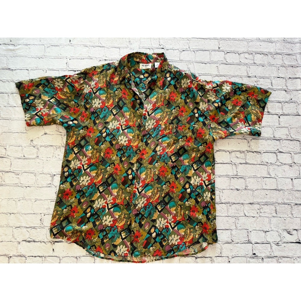 Vintage Summa Shirt Men's Size‎ Large 100% Silk Buttoned Flower Retro Touristy